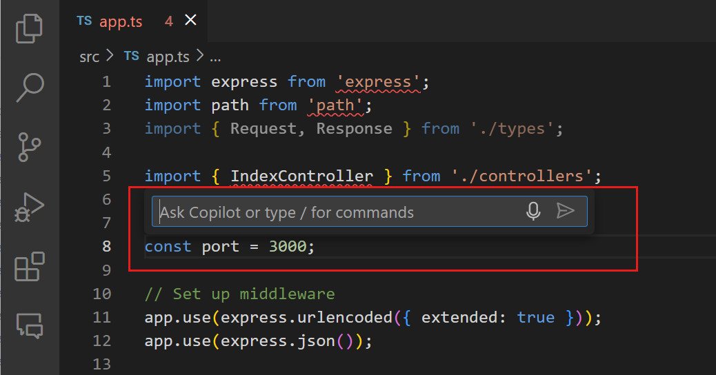 Screenshot of VS Code editor, highlighting the inline chat popup control.
